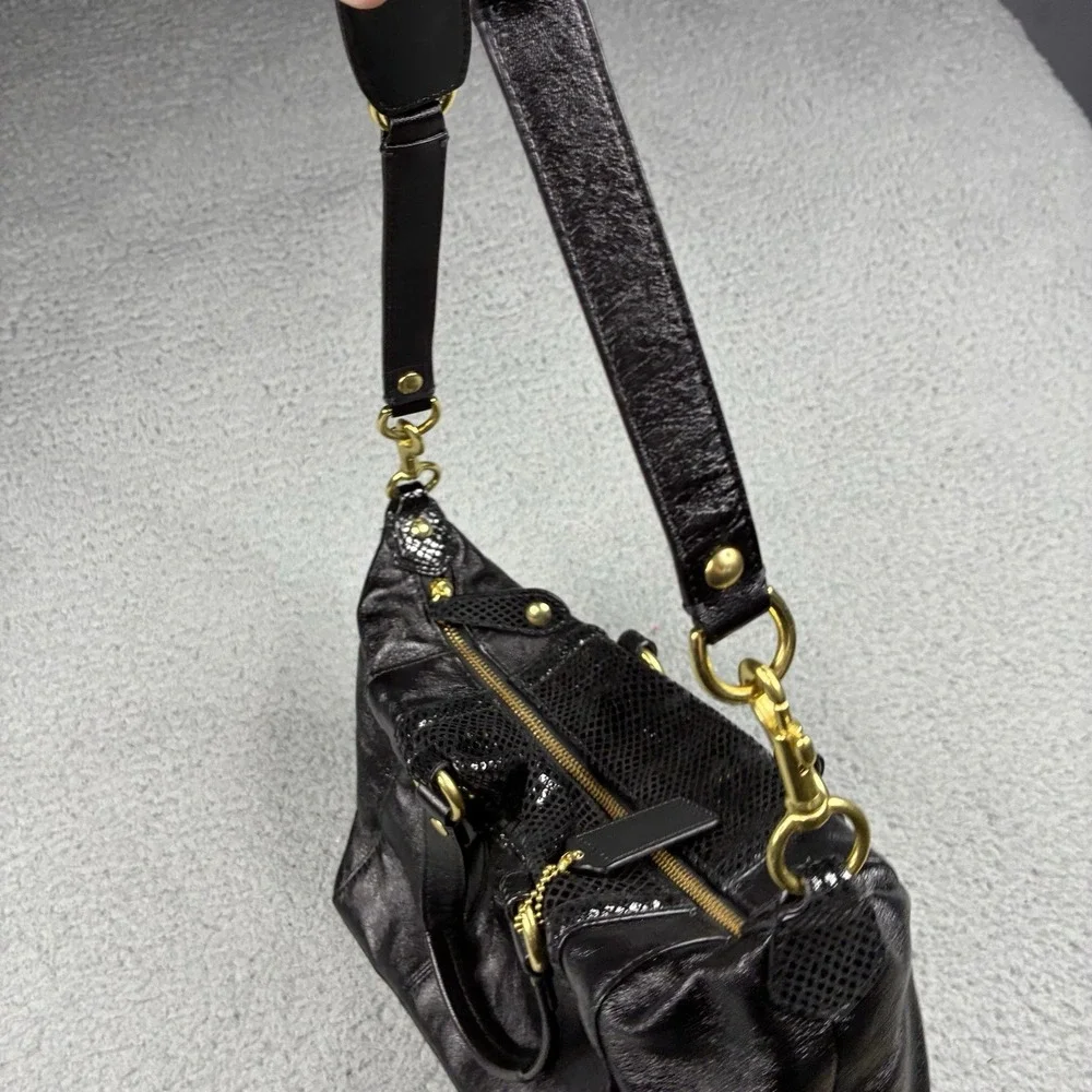 Coach Ashley Black Leather Python Trim Satchel Shoulder Bag F19247 Purse